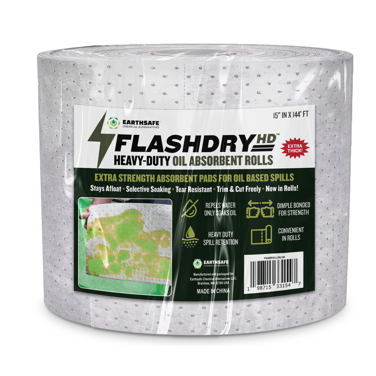 Flash Dry Tactical Response Heavy-duty Oil Spill Absorbent rolls, predominantly white in color, packaged with branding and product information.