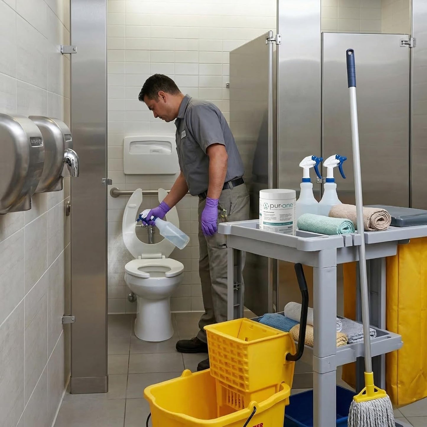 Person cleaning a bathroom with PurOne cleaning supplies on a cart.
