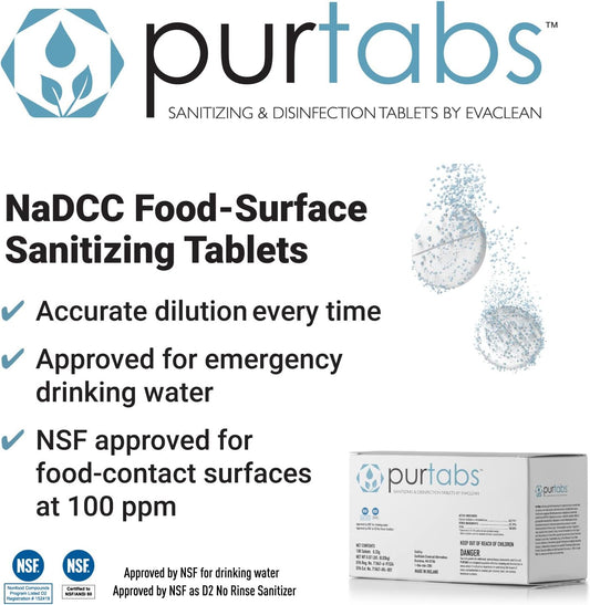 PurTabs sanitizing tablets packaging with product details on a white background