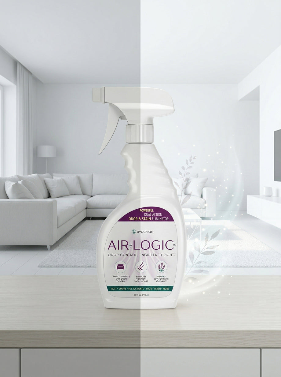 White-themed home interior showing a dull side and a fresh side with Air Logic Odor Eliminator Spray on a counter
