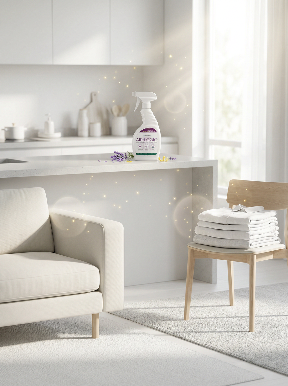Clean living room with Air Logic odor eliminator spray and folded towels on a chair.