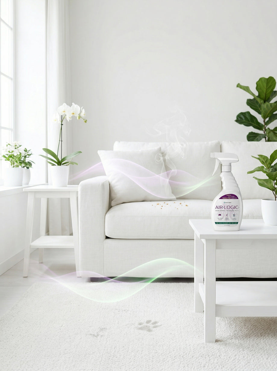 Living room with a white couch, plants, and Air Logic odor eliminator spray