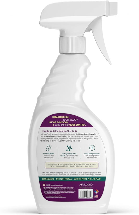 Air Logic odor eliminator spray bottle with a back label of the product on a white background