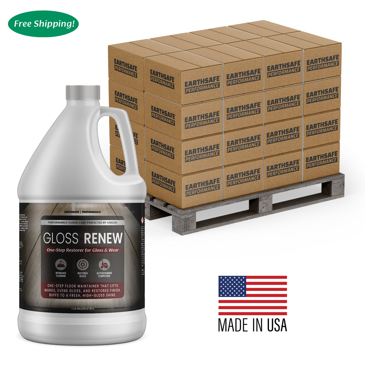 A pallet of cases of EvaClean Gloss Renew indicating One-step restorer for gloss & wear, with one case displayed in front showing the product label, and an American flag 'Made in USA'