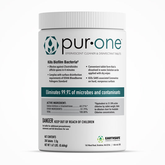 Pur-One effervescent cleaner and disinfectant tablet container on a white background