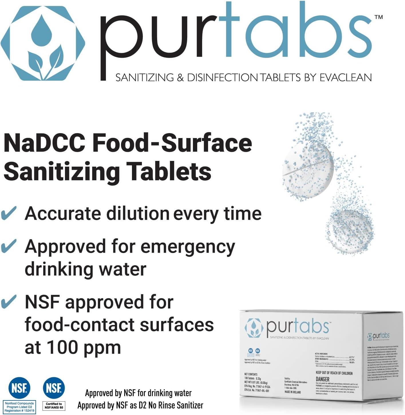PurTabs sanitizing tablets packaging with product details on a white background